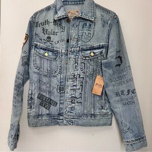 Polo Ralph Lauren Jacket Denim Trucker Varsity Graffiti Football Distressed S